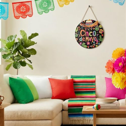 Smile Cinco De Mayo Wooden Round Door Hanger, Mexican Fiesta Themed Front Door Sign with Sombrero & Cactus for Party Decor - style: Sombrero