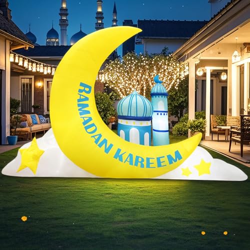 KOOY 7.8 FT Long Inflatable Ramadan Crescent Moon Decorations with Mosque & Star Blow Up Islamic Eid Decor Muslim Holiday Outdoor Decorations with LED Lighted