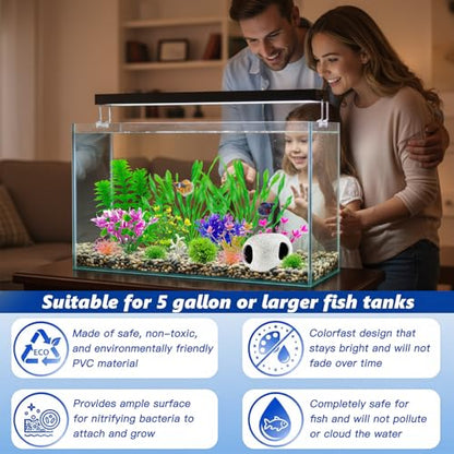 Aquarium Decorations Set, 16Pieces Artificial Plastic Plants & Smooth Fish Cave Rock, Non-Damaging Ornaments for Fish Tank with Gift Box Packaging, Goldfish & Betta Fish Tank Accessories