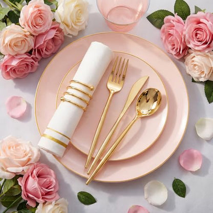 MirthMood 210PCS Pink Plastic Plates with Gold Rim – Plastic Plates Set Includes 30 Dinner,30 Dessert Plate,30 Cup&30 Napkins 90 Gold Silverware for Wedding & Birthday & Party - color: Pink, size: 210