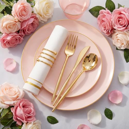 MirthMood 350PCS Pink Plastic Plates with Gold Rim – Plastic Plates Set Includes 50 Dinner,50 Dessert Plate,50 Cup&50 Napkins 150 Gold Silverware for Wedding&Birthday Parties&Valentine's Day - color: Pink, size: 350