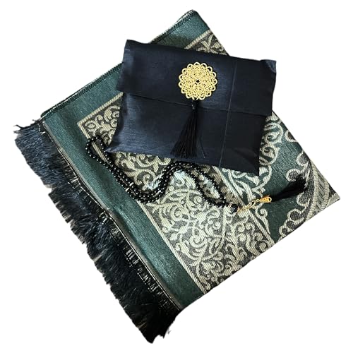 Muslim Prayer Rug and Beads with Elegant Slub Fabric Bag | Janamaz | Sajadah | Soft Islamic Prayer Rug | Islamic & Mawlid Gifts | Prayer Carpet Mat, Taffeta Fabric (Black, 1 Sets) - color: Black, size: 1 Sets