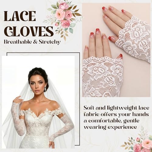 JATEBI 8 Pairs Women Lace Arm Sleeves, Floral Lace Hollow Arms Cover Elegant Long Fingerless Gloves for Wedding Tea Party