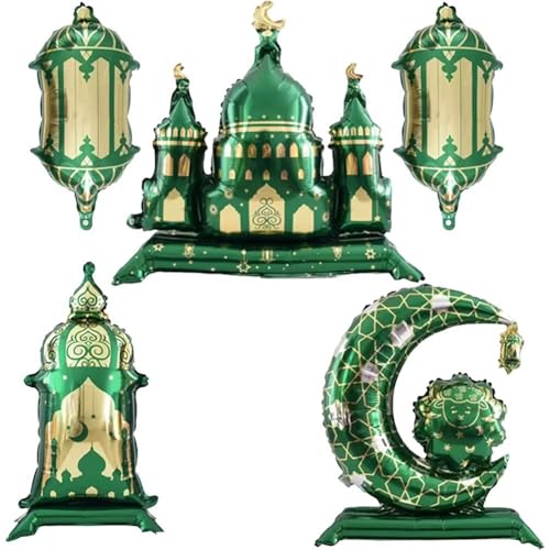 5 Pcs Eid Mubarak Foil Balloons Lantern Moon Star Castle Balloons for Ramadan Muslim Festive Party Decorations - color: Green