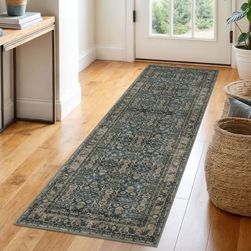 SIILOOM 2x6 Washable Runner Rug for Hallways, Blue Brown Soft Vintage Tribal Kitchen Rugs with Slip-Resistant, Non-Shedding Tribal Floral Rug for Bedroom Kitchen Porch Laundry Entryway - color: Blue/Brown, size: 2' x 6' (Runner)