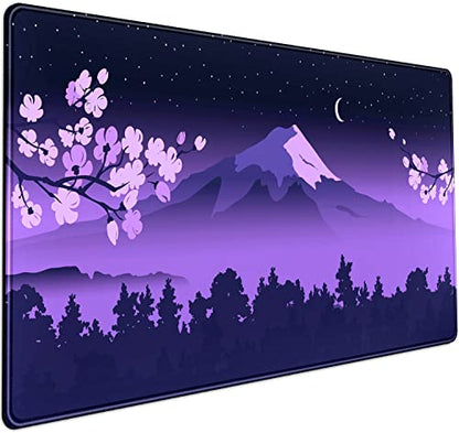 Purple Desk Mat Japanese Desk Pad Cute Fuji Mountain Gaming Mousepad Large, Cherry Blossom Mouse Pad XXL Desk Mats, Kawaii Anime Deskmats Desktop Protector Laptop Keyboard Mat Pad 31.5x15.75 in - color: Q-purple Cherry Blossom