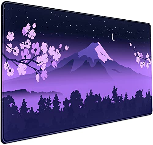 Purple Desk Mat Japanese Desk Pad Cute Fuji Mountain Gaming Mousepad Large, Cherry Blossom Mouse Pad XXL Desk Mats, Kawaii Anime Deskmats Desktop Protector Laptop Keyboard Mat Pad 31.5x15.75 in - color: Q-purple Cherry Blossom