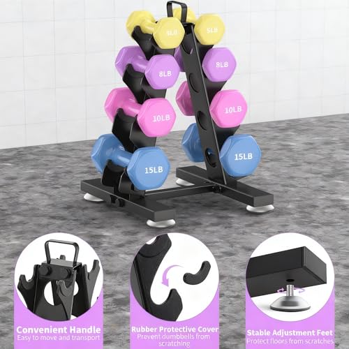 TomCare 6-Tier|5-Tier|4-Tier|2-Tier Dumbbell Rack Stand Only for Home Gym | Stable A-Frame, Fits 5–35 lb Dumbbells, Protective Padded Cradles, Adjustable Feet, Easy-Carry Handle (Stand Only) - color: Black, size: 4 Tier
