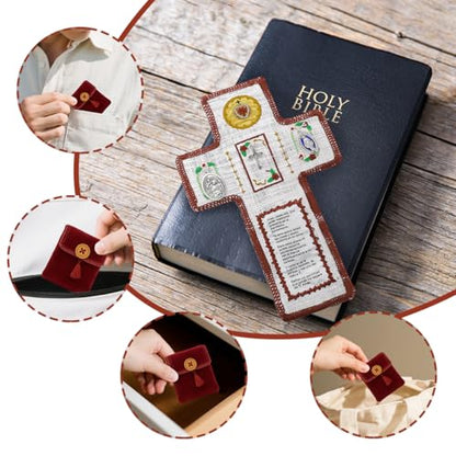 Onism Spanish Pocket Prayer Quilt with Cross, Catholic Gift, 3 Pack Red | Embroidered verses, Sacred Heart and saint medals, velvet fold-up pouch, sympathy and get well comfort for women - color: 3pcs Red – Small (No Pocket)