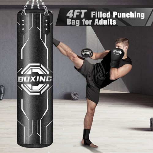 Filled Punching Bag for Adults, 4FT PU Leather Hanging Boxing Bag with 11lb Sponge Filler & 12OZ Boxing Gloves, Heavy Kicking Bag Boxing Equipment for MMA Training Karate Kickboxing - style: Octagon