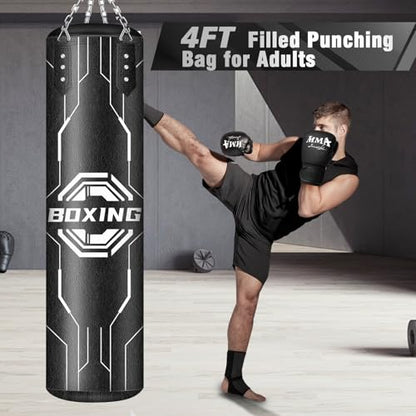 Filled Punching Bag for Adults, 4FT PU Leather Hanging Boxing Bag with 11lb Sponge Filler & 12OZ Boxing Gloves, Heavy Kicking Bag Boxing Equipment for MMA Training Karate Kickboxing - style: Octagon
