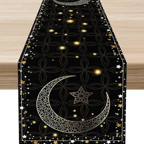 Black Star Moon Table Runner,Gothic Golden Ramadan Summer Coffee Table Center Decor for Home Kitchen Dining Holiday Party Outdoor Table Decorations,13 x 36 Inch - color: Moon-4, size: 13x36" Table Runner