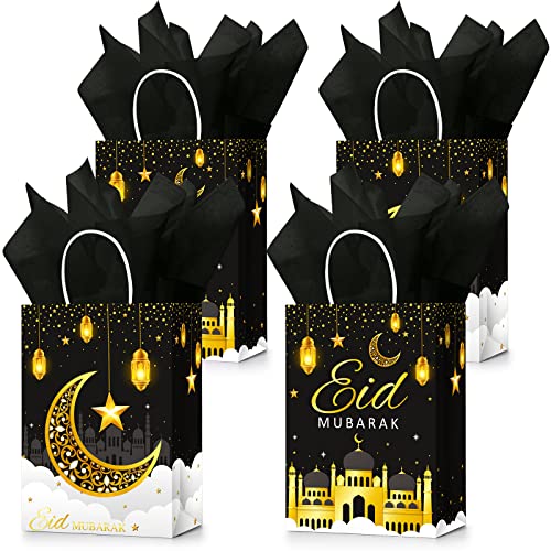 Censen 16 Sets Eid Mubarak Gift Bags with Tissue Paper, Ramadan Goodies Bags for Ramadan Party Supplies Favor (Black) - color: Black