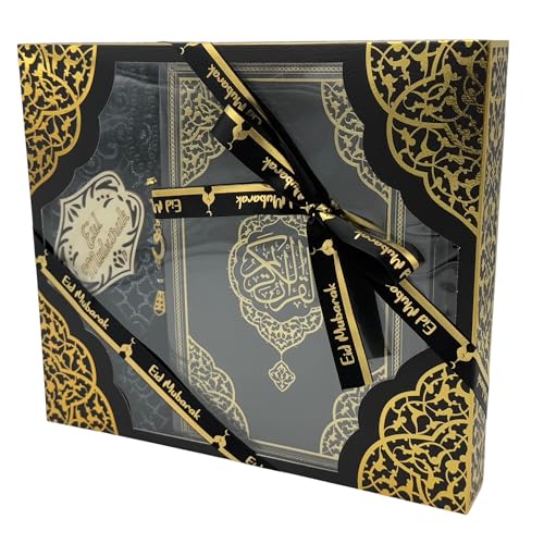 Modefa Luxury Eid Saeed Gift Box Set, Prayer Mat, Quran and Prayer Beads, with Black and Gold Ribbon (Black) - color: Black