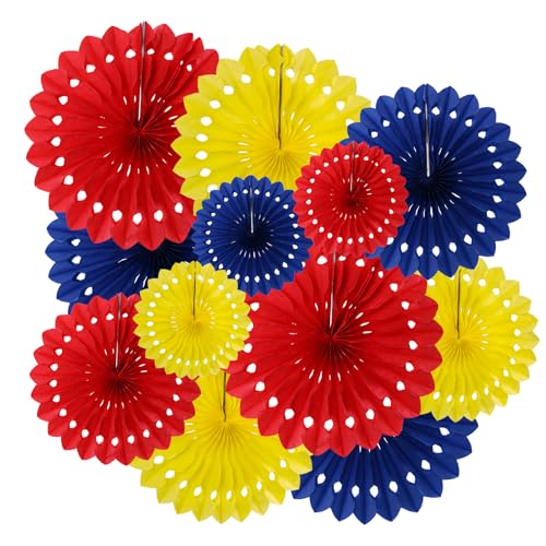 ZOOYOO Hanging Paper Fans Party Decorations,12 Pcs Red Blue Yellow Honeycomb Round Fans,Ceiling Decor for Birthday,Wedding,Graduation,Summer Day,Theme Party Backdrop - color: Red Blue Yellow