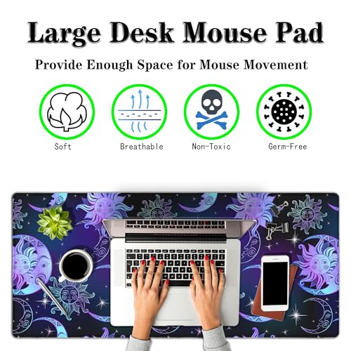 Gaming Mouse Pad Purple Desktop Mat Extra Large Mouse Pads Computer Desk Mat Pc Gaming Mat Waterproof Non-Slip Rubber Base 35.4" X 15.7" for Game Office, Magical Sun and Moon Stars - color: Magical Night