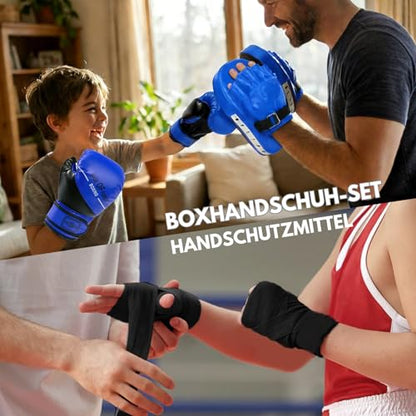 3-in-1 Boxing Gloves and Punching Mitts Set for Kids, Boxing Mitts Focus Pads with Hand Wraps for Kid, Youth Leather Punching Equipment Gloves Set for MMA, Karate, Muay Thai, Taekwondo - color: Blue