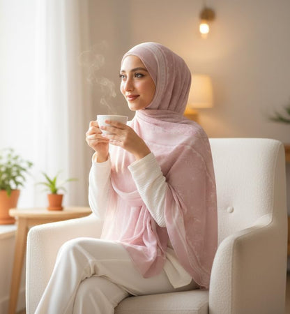 Hijab Modest and Elegant | Beautifully Designed Printed Chiffon Patterns | Muslim Women Head Scarf and Veil - color: Pink