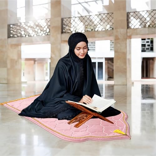 Muslim Prayer Rug with Tasbih Prayer Beads, Extra Thick Padded Non-Slip Islamic Prayer Matt,Turkish Praying Carpet Ottoman Blankets Ramadan Gift for Ramadan, Eid, Hajj, Travel, Pray（Pink） - color: Pink