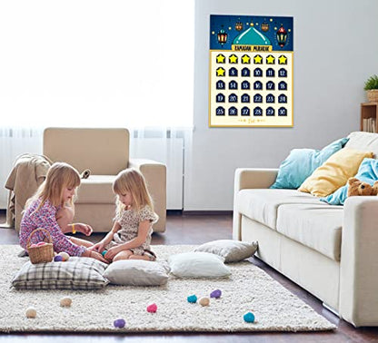 FLYAB Ramadan Calendar 2025 Eid Mubarak Countdown for Kids 30 Days Advent Poster Decorations Home Wall with 36 Star Stickers and 1PCS Small Card