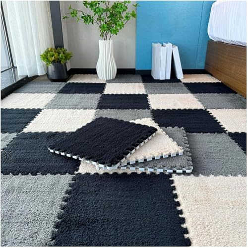 FYYSJW 10 Piece Plush Patchwork Foam Floor Mat, Soft Interlocking Floor Carpet Squares, Fluffy Puzzle Area Rug, 12 X 12 Inch,Black+Grey+Khaki - color: Black+grey+khaki