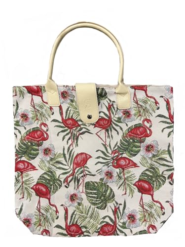 Signare Tapestry Foldable Tote Bag Reusable Shopping Bag Grocery Bag - color: Flamingo