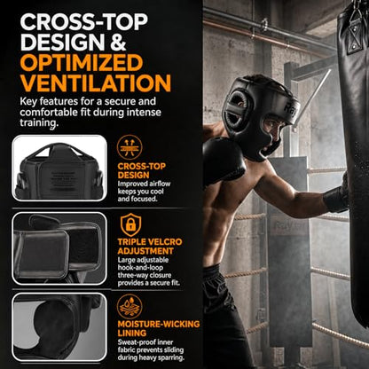 Boxing Headgear for Men Women – Professional Lightweight Open Face Head Guard, Breathable Protection, Secure Fit for MMA Muay Thai Kickboxing Sparring Training - color: Black