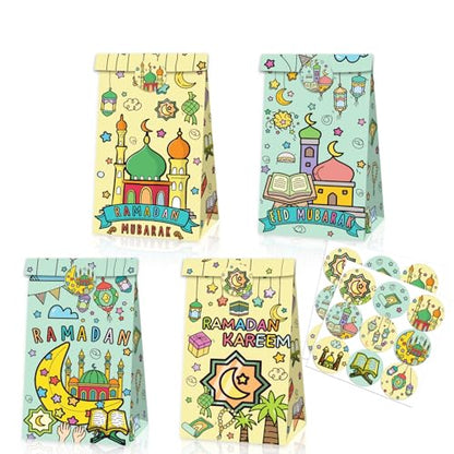 YVAINE 12-Pack Eid Mubarak Goodie Bags with Stickers - Ramadan Candy Treat Bags 8.7x4.7x3.2 Inches, Double-Sided Printed Colorful Paper Gift Bags with Stars, Moons & Lanterns Design for Eid Party Favors, Classroom Gifts, Holiday Celebrations