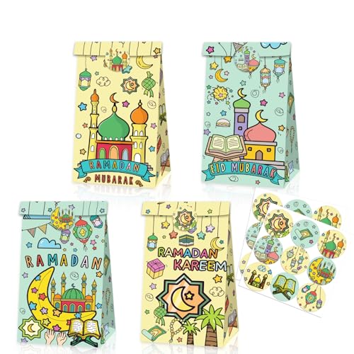 YVAINE 12-Pack Eid Mubarak Goodie Bags with Stickers - Ramadan Candy Treat Bags 8.7x4.7x3.2 Inches, Double-Sided Printed Colorful Paper Gift Bags with Stars, Moons & Lanterns Design for Eid Party Favors, Classroom Gifts, Holiday Celebrations