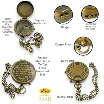 Bible Verse Brass Compass – “Be Strong and Courageous” (Joshua 1:9) | Christian Gift for Graduation, Baptism, Confirmation – Religious Keepsake for Boys, Girls, Teens, Men, Pastors & Church Events - style: Be Strong – Edition 1