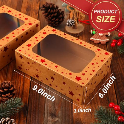24 Pack Brown Cookie Boxes, 9x6x3Inch Red Star Baking Boxes for Gift Giving,Kraft Boxes with Window,Holiday Treat Boxes for Pastry,Cookie Tin Containers Box for Baked Goods Packaging - color: Red Star-Brown