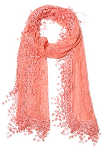 Cindy & Wendy Lightweight Soft Leaf Lace Fringe Scarf Bridal Shawl for Women - color: Peach Pink1