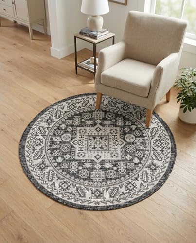Rugs.com - Outdoor Aztec Rug – 3 Ft Round Charcoal Gray Indoor/Outdoor Rug – Durable for Patios, Decks, and Porches - color: Charcoal Gray, size: 3' (Round)