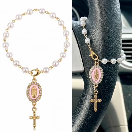 Car Rosary for Car, Steering Wheel Charm, Steering Wheel Rosary Charm with Virgin Mary & Cross, Pink - style: A-pink