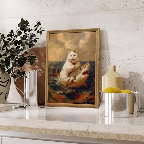 ICHZUMW Framed Funny White Cat Riding Shark Ocean Canvas Wall Art 12x16 In - color: White Shark Rider, size: 16"L x 12"W
