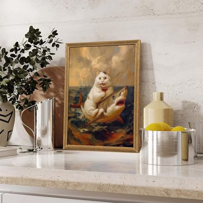 ICHZUMW Framed Funny White Cat Riding Shark Ocean Canvas Wall Art 12x16 In - color: White Shark Rider, size: 16"L x 12"W