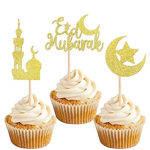24 PCS Eid Mubarak Cupcake Toppers Gold Glitter Moon Star Ramadan Kareem Cupcake Picks for Eid Islamic Muslim Theme Party Cake Decorations Supplies - color: Design 1