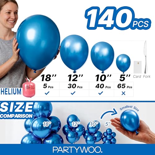 PartyWoo 메탈릭 블루 풍선 140피스 다양한 사이즈 45.7cm(18인치), 30.5cm(12인치), 25.4cm(10인치), 12.7cm(5인치) 크롬 블루 라텍스 풍선 졸업 웨딩 베이비 샤워 웨딩 처녀 생일 파티 장식 블루-G106 - color: 블루-g106