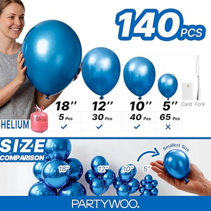 PartyWoo 메탈릭 블루 풍선 140피스 다양한 사이즈 45.7cm(18인치), 30.5cm(12인치), 25.4cm(10인치), 12.7cm(5인치) 크롬 블루 라텍스 풍선 졸업 웨딩 베이비 샤워 웨딩 처녀 생일 파티 장식 블루-G106 - color: 블루-g106