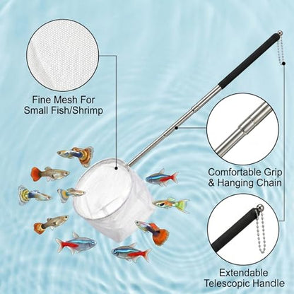 2Pcs Aquarium Shrimp Net, 3.3In Stainless Steel Fish Nets for Aquarium Small Fish Tank Shrimp Net Debris Cleaning Tool with Extendable Handle for Shrimps Baby Fishes Food Residue Skimming