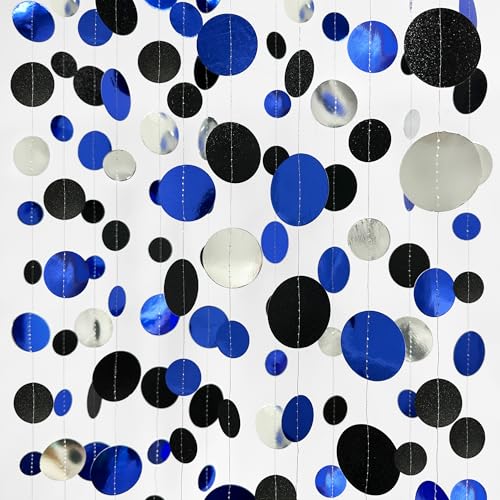 46Ft Navy Blue Black Silver Circle Dots Garland Royal Blue Black Polka Dots Streamer for Birthday Graduations Wedding Bridal Shower Nautical Ahoy Achor Pirate Themed Party Decorations Supplies - color: Black Blue