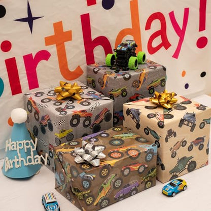 Cuitpan Monster Trucks Wrapping Paper for Kids Birthday Baby Shower - Gift Wrap with Monster Trucks, Checkered Flag Designs - 20 x 29 Inches, 8 Folded Sheets, Recycled… - color: Gray-Monster Trucks