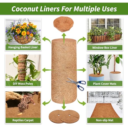 12X160 Inch Natural Coco Liner Roll, Coconut Liners for Planter Window Box Hanging Basket, Coconut Coir Roll Coco Fiber Mat for Garden Decoration DIY Moss Poles Pet Pad Reptiles Carpet