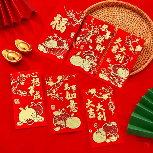 36pcs Red Envelopes Chinese New Year, Chinese Hong Bao Envelopes for Money, 2026 Lunar New Year of The Horse Red Packets with 6 Unique Gold Embossed Designs for Spring Festival, Large