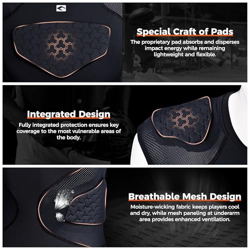 COOLOMG Youth Football Padded Shirt Chest Rib Protector | Football Compression Undershirt Heart Sternum Shoulder Protection - color: Black, size: Large