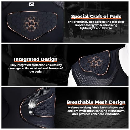 COOLOMG Youth Football Padded Shirt Chest Rib Protector | Football Compression Undershirt Heart Sternum Shoulder Protection - color: Black, size: Large