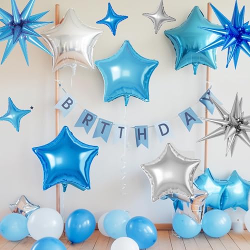 Blue Silver Star Balloons,16Pcs 22/18/10 Inch Foil Graduation Decorations - color: Blue Silver