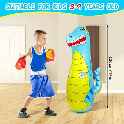 Punching Bag for Kids 47" Inflatable Dinosaur Bop Bag with Thicker Material Instant Bounce Back with Boxing Gloves Karate Kickboxing Taekwondo Kids Gift for Age 3-9 Girls & Boys - color: Blue
