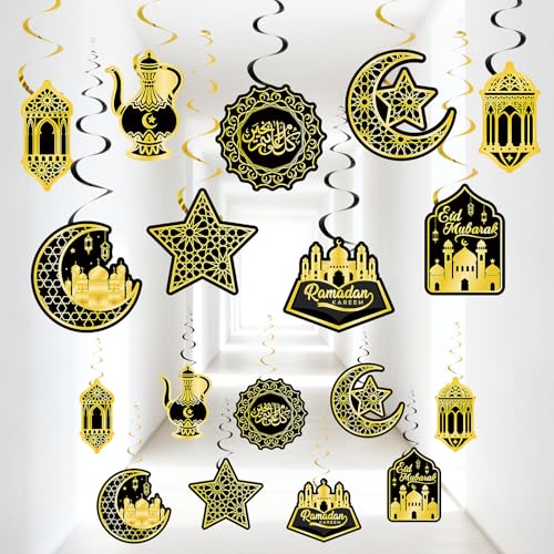 30Pcs Ramadan Mubarak Decorations for Home Eid Mubarak Hanging Swirl Decor Islamic Star Moon Ceiling Decoration for Eid Al-fitr Party Egyptian Holiday Supplies - color: Black