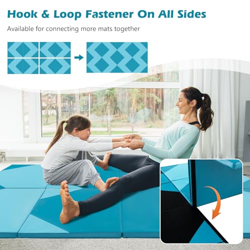 Goplus Folding Gymnastics Mat, 10’ x 4’ x 2’’ Thick Tumbling Mats with PU Leather, Hook & Loop Fasteners, Portable Handles, 4-Panel Exercise Mat for Home Gym Workouts, Yoga - color: Baby Blue+Blue